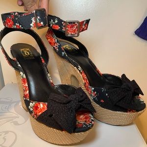 Decree, Black Floral Heels with Canvas/Burlap Heels